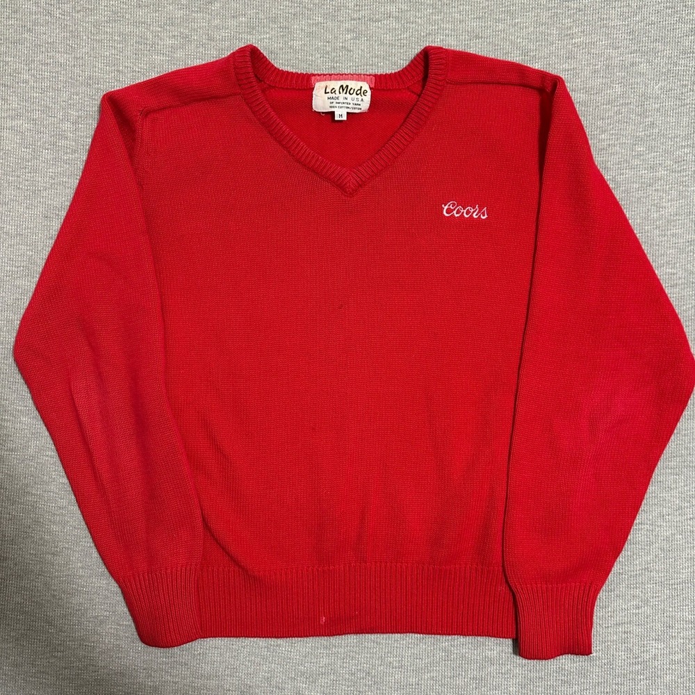 Vintage‎ La Mode Coors Beer V-Neck Sweater Long Sleeve Cotton Red Mens Size M